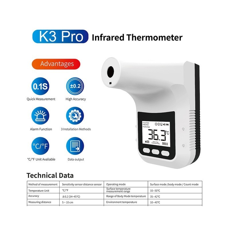 Termómetro Digital K3 PRO con pantalla LCD, termómetro infrarrojo inteligente sin contacto para la el cuerpo y la Oficin